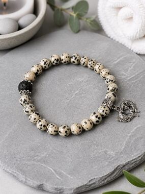 Dalmatian Jasper Beaded Stretch Bracelet with Lava Stone And Silver Fish Charm
